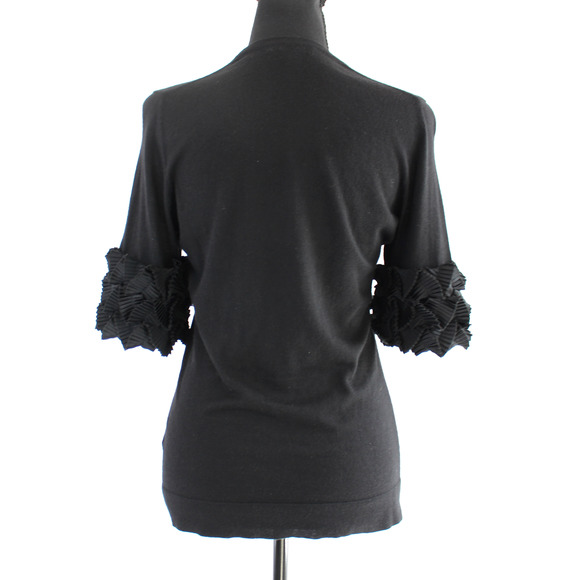 Burberry Silk Cashmere Pleated Ruffle Trim Short Sleeve Sweater M Black Top - Picture 5 of 7